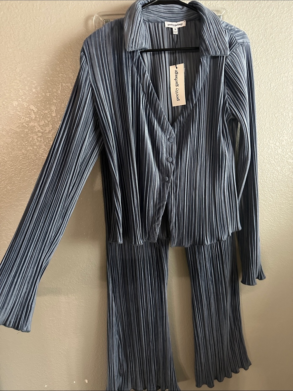 Blue Pleated Wide-Leg Pants & Shirt Set